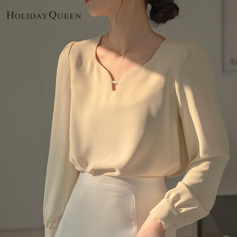 HolidayQueen New Temperament Drop Collar Shirt Women 2022 Early Autumn Retro New Design Niche Shirt Women's Top Free Shipping HQ1799